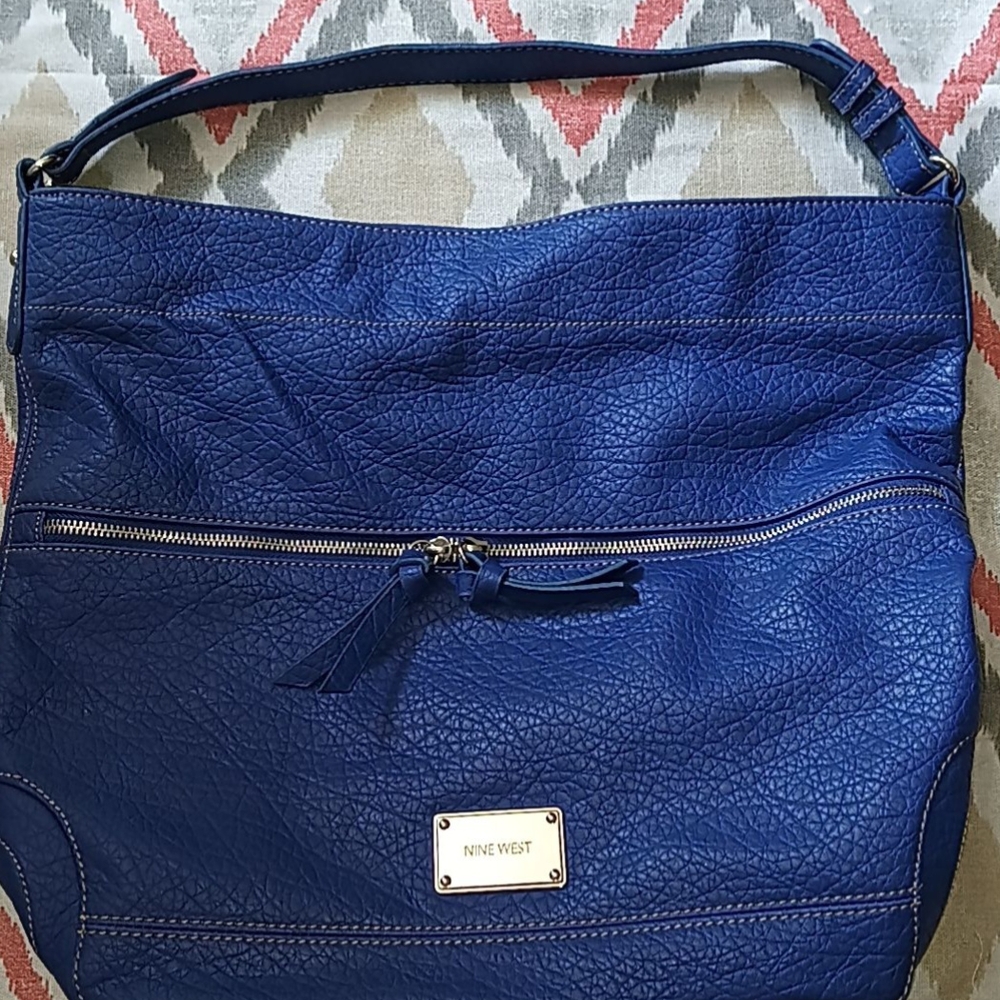 Nine West Blue Textured Shoulder Bag with Silver Accents